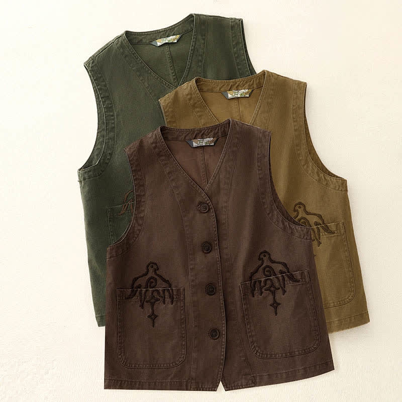 Buddha Stones Spring Vintage Twill Bird Embroidery Cotton Women's V Neck Cropped Sleeveless Vest With Pockets - image 21