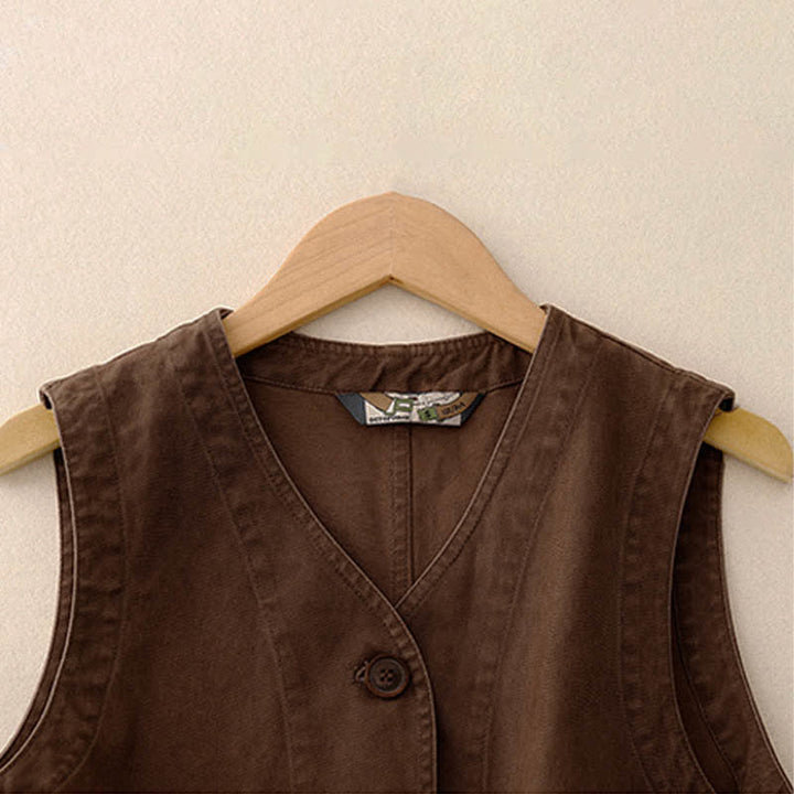 Buddha Stones Spring Vintage Twill Bird Embroidery Cotton Women's V Neck Cropped Sleeveless Vest With Pockets - image 10