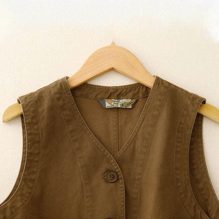 Buddha Stones Spring Vintage Twill Bird Embroidery Cotton Women's V Neck Cropped Sleeveless Vest With Pockets - image 2