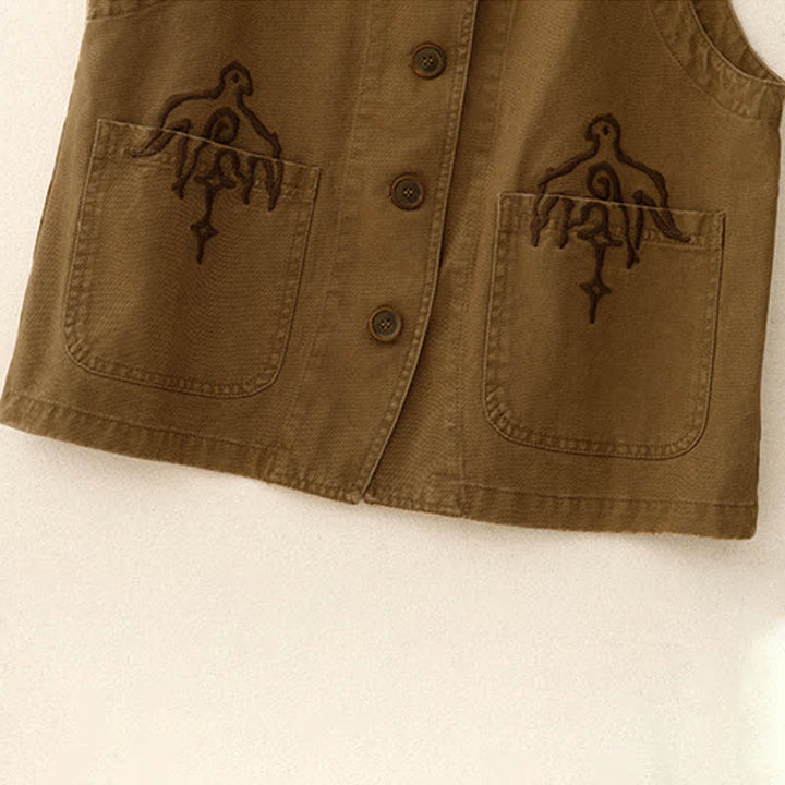 Buddha Stones Spring Vintage Twill Bird Embroidery Cotton Women's V Neck Cropped Sleeveless Vest With Pockets - image 4