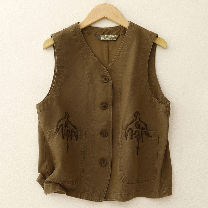 Buddha Stones Spring Vintage Twill Bird Embroidery Cotton Women's V Neck Cropped Sleeveless Vest With Pockets - Khaki - US8-10，UK/AU12-14，EU40-42 (2XL) - image 0
