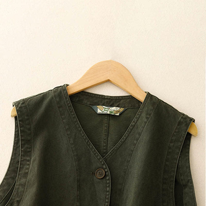 Buddha Stones Spring Vintage Twill Bird Embroidery Cotton Women's V Neck Cropped Sleeveless Vest With Pockets - image 16
