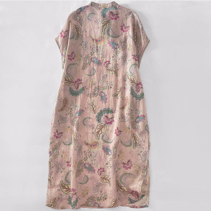 Buddha Stones Summer Vintage Paisley Floral Mandarin Collar Women's Short Sleeve Dresses With Pockets - image 1