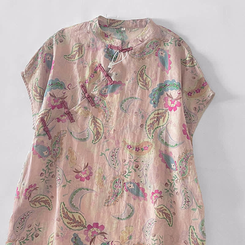 Buddha Stones Summer Vintage Paisley Floral Mandarin Collar Women's Short Sleeve Dresses With Pockets - image 2