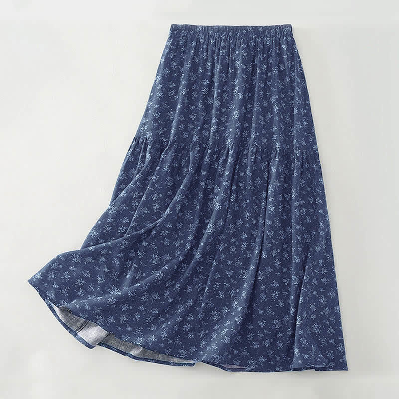 Buddha Stones Floral Elastic Waist Ruffle Hem Women's Skirt - SteelBlue - US8-10，UK/AU12-14，EU40-42 (2XL) - image 0