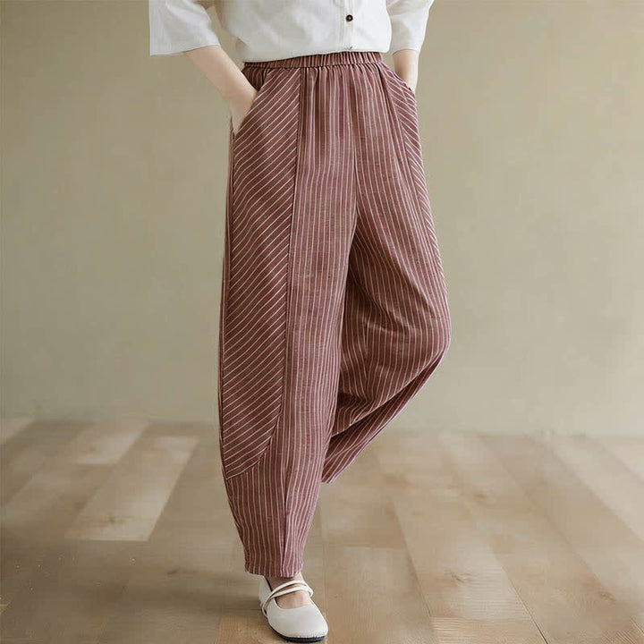 Buddha Stones Summer Casual Striped Linen Cotton Women's Tapered Pants With Pockets - image 16