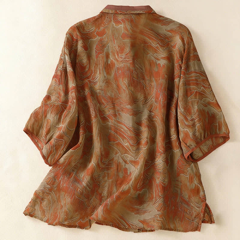 Buddha Stones Summer Floral Print Button Up Mandarin Collar Chiffon Women's Elbow-Length Sleeve Shirt - image 9