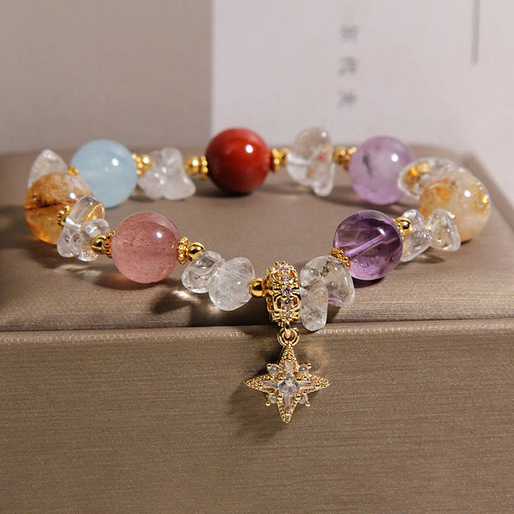 Buddha Stones Natural Various Crystal Clear Quartz Zircon Hexagram Charm Healing Bracelet - Crystal(Wrist Circumference 15-16cm) - image 0