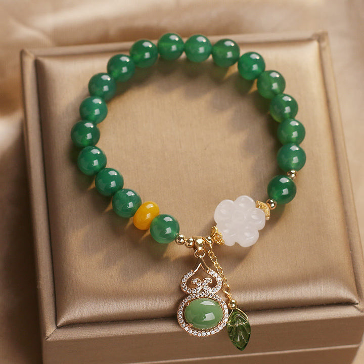 Buddha Stones Green Agate White Jade Flower Gourd Leaf Charm Support Bracelet - image 1