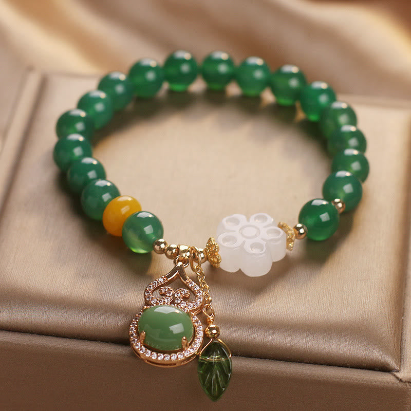 Buddha Stones Green Agate White Jade Flower Gourd Leaf Charm Support Bracelet - image 2