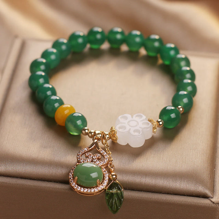 Buddha Stones Green Agate White Jade Flower Gourd Leaf Charm Support Bracelet - image 2
