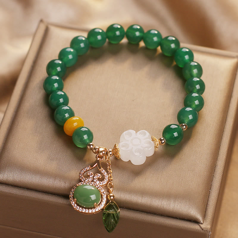 Buddha Stones Green Agate White Jade Flower Gourd Leaf Charm Support Bracelet - image 7