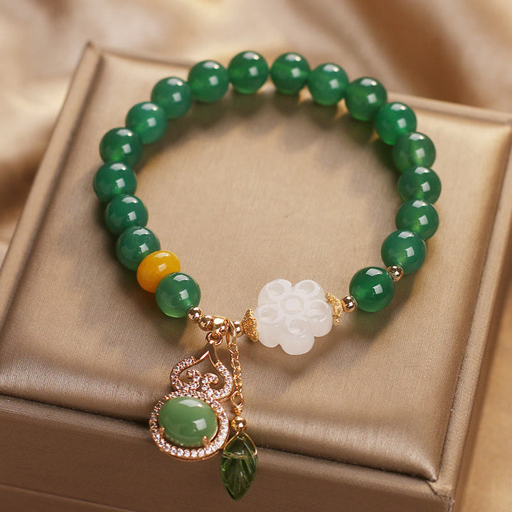 Buddha Stones Green Agate White Jade Flower Gourd Leaf Charm Support Bracelet - image 7