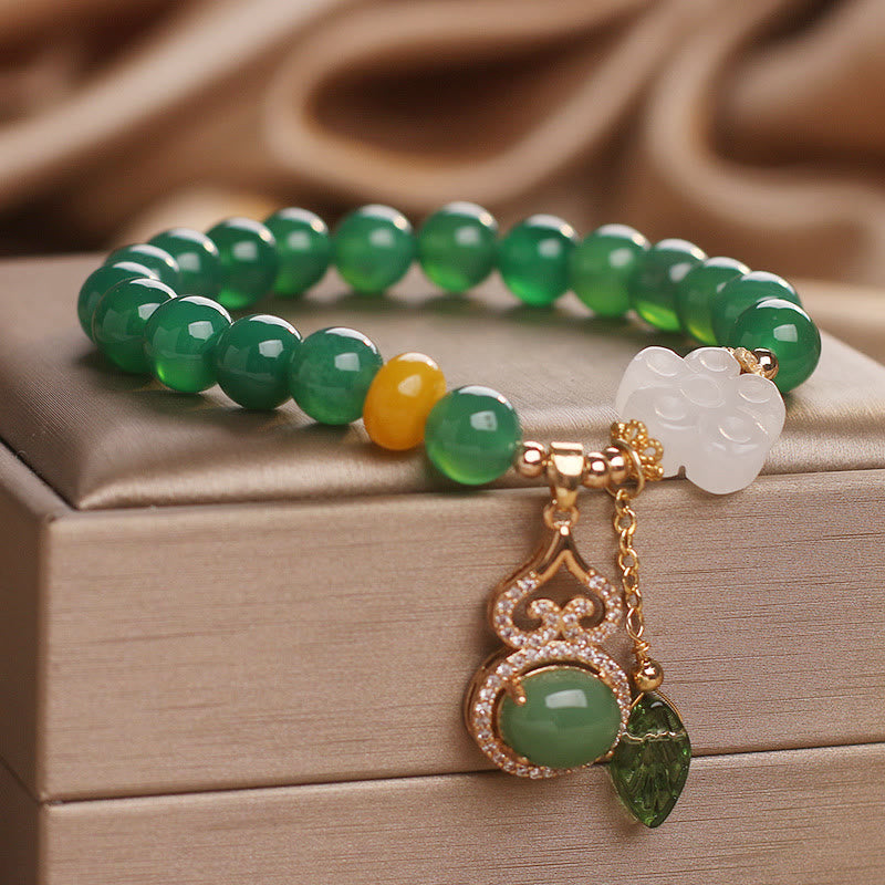 Buddha Stones Green Agate White Jade Flower Gourd Leaf Charm Support Bracelet - image 3