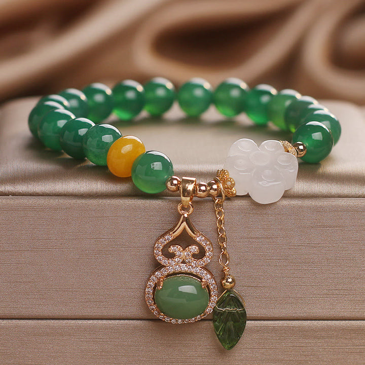 Buddha Stones Green Agate White Jade Flower Gourd Leaf Charm Support Bracelet - image 8