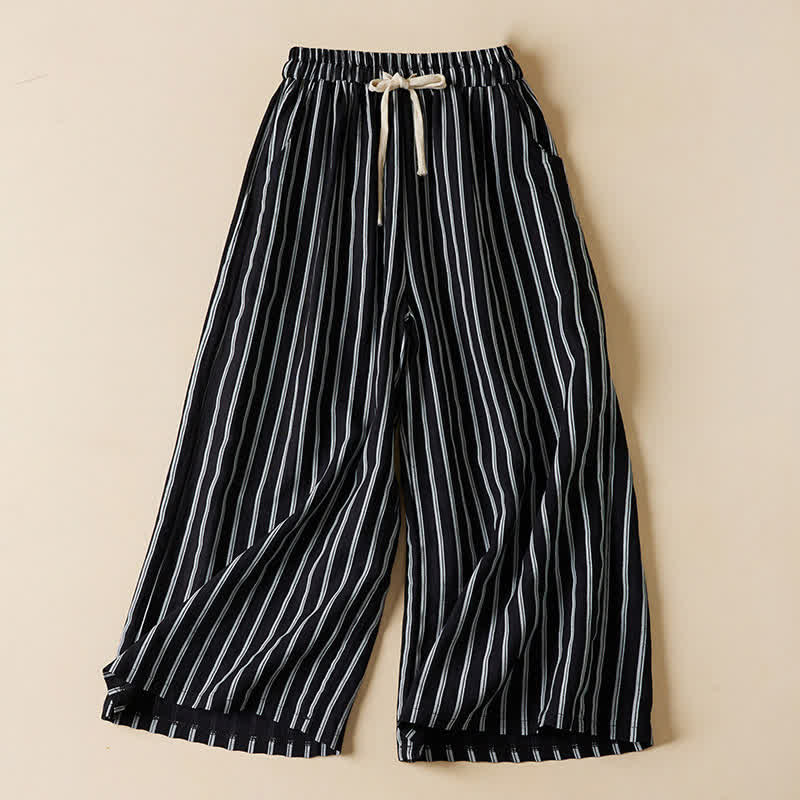 Buddha Stones Spring Elastic Waist Solid Women's Cropped Wide Leg Pants With Pockets - Black - US8-10，UK/AU12-14，EU40-42 (2XL) - image 0