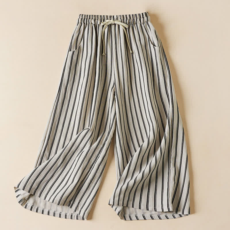 Buddha Stones Spring Elastic Waist Solid Women's Cropped Wide Leg Pants With Pockets - Beige - US8-10，UK/AU12-14，EU40-42 (2XL) - image 6