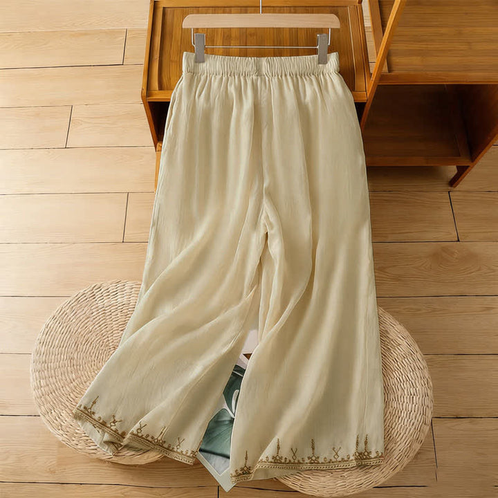 Buddha Stones Summer Boho Embroidery Solid Women's Wide Leg Pants With Pockets - image 14