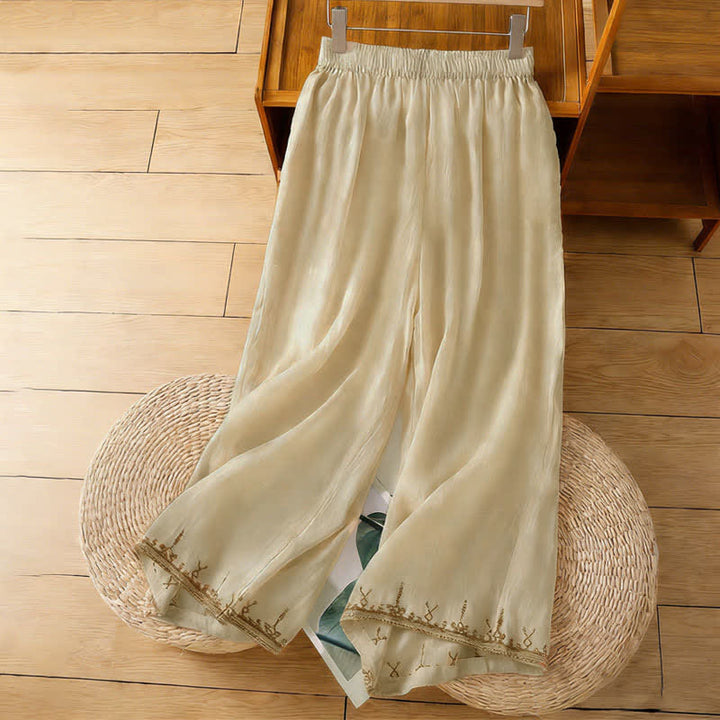Buddha Stones Summer Boho Embroidery Solid Women's Wide Leg Pants With Pockets - BlanchedAlmond - US8-10，UK/AU12-14，EU40-42 (2XL) - image 15