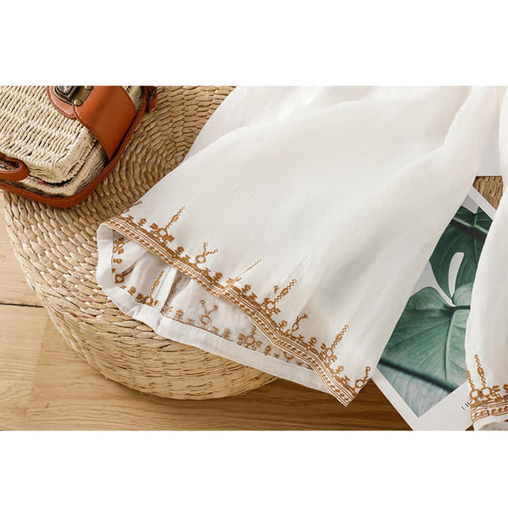 Buddha Stones Summer Boho Embroidery Solid Women's Wide Leg Pants With Pockets - image 8