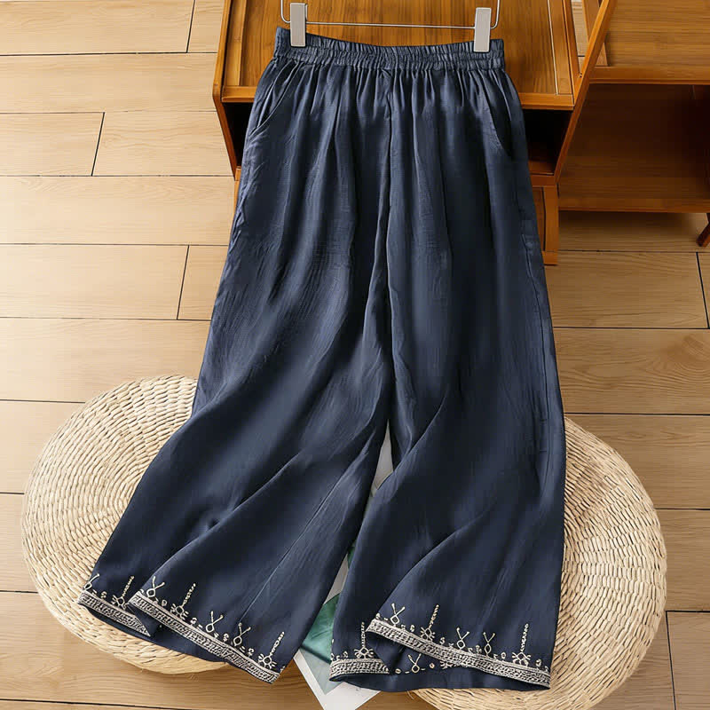 Buddha Stones Summer Boho Embroidery Solid Women's Wide Leg Pants With Pockets - image 1