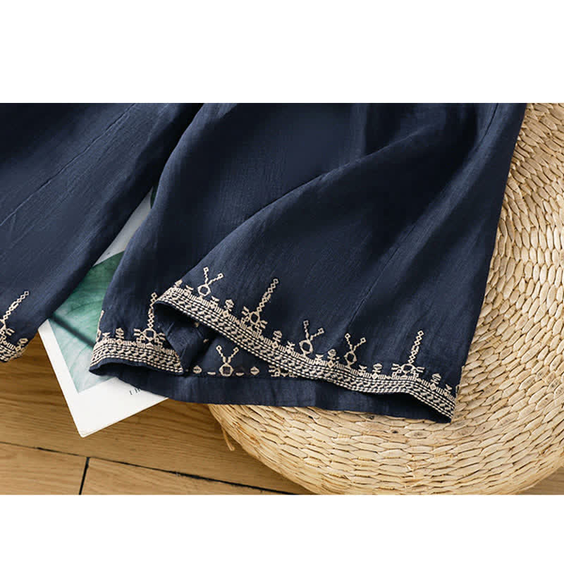 Buddha Stones Summer Boho Embroidery Solid Women's Wide Leg Pants With Pockets - image 5