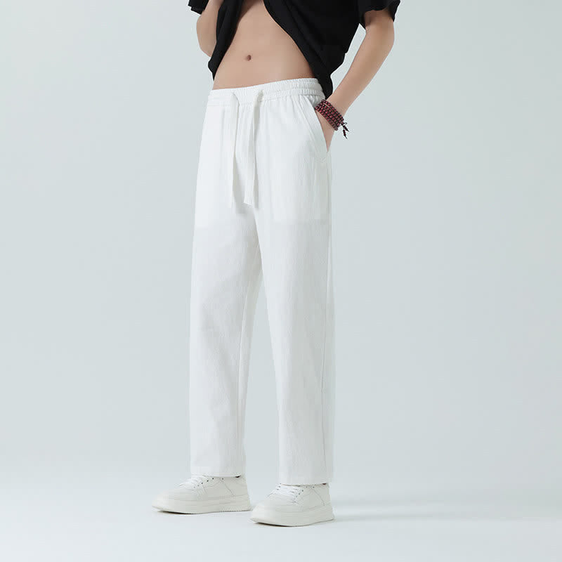 Buddha Stones Summer Cotton Minimalist Elastic Waist Men's Straight Pants With Pockets - White - US/UK/AU46，EU56 (5XL) - image 14