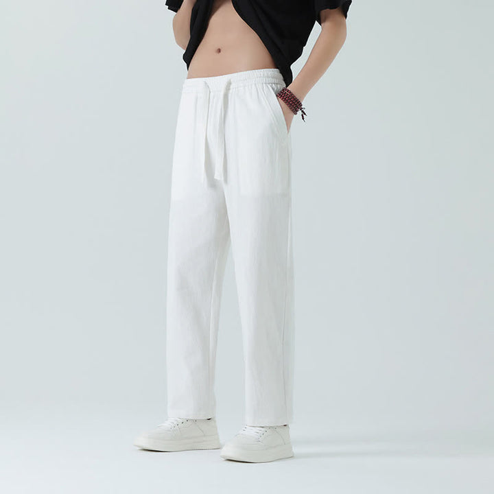 Buddha Stones Summer Cotton Minimalist Elastic Waist Men's Straight Pants With Pockets - White - US/UK/AU46，EU56 (5XL) - image 14