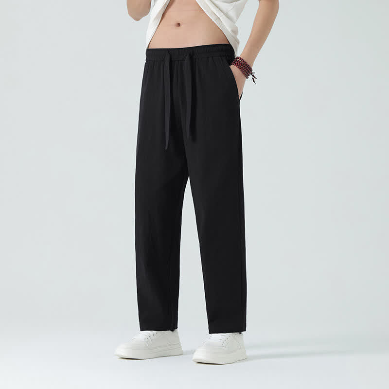 Buddha Stones Summer Cotton Minimalist Elastic Waist Men's Straight Pants With Pockets - Black - US/UK/AU46，EU56 (5XL) - image 8