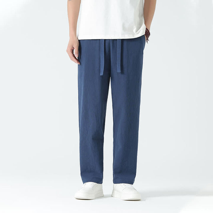 Buddha Stones Summer Cotton Minimalist Elastic Waist Men's Straight Pants With Pockets - image 1