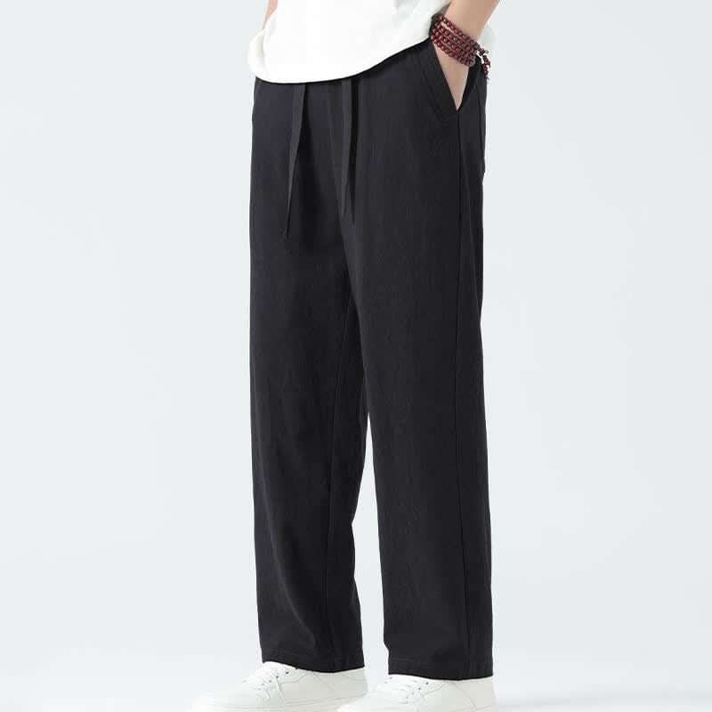 Buddha Stones Summer Cotton Minimalist Elastic Waist Men's Straight Pants With Pockets - image 11