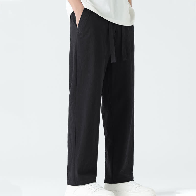 Buddha Stones Summer Cotton Minimalist Elastic Waist Men's Straight Pants With Pockets - image 13