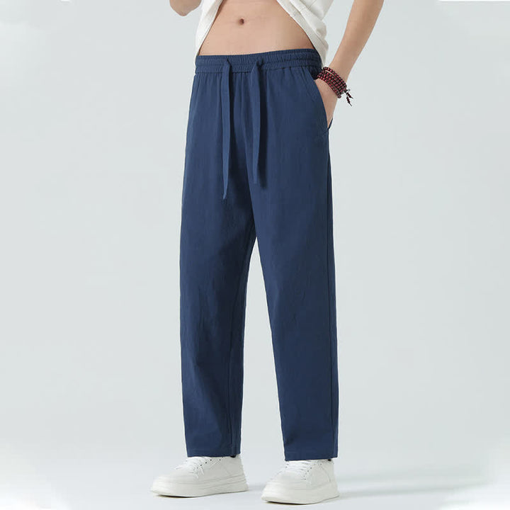 Buddha Stones Summer Cotton Minimalist Elastic Waist Men's Straight Pants With Pockets - MidnightBlue - US/UK/AU46，EU56 (5XL) - image 0
