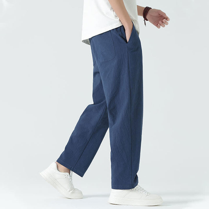 Buddha Stones Summer Cotton Minimalist Elastic Waist Men's Straight Pants With Pockets - image 3