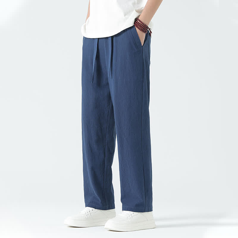 Buddha Stones Summer Cotton Minimalist Elastic Waist Men's Straight Pants With Pockets - image 5