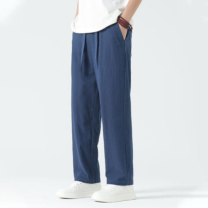Buddha Stones Summer Cotton Minimalist Elastic Waist Men's Straight Pants With Pockets - image 5