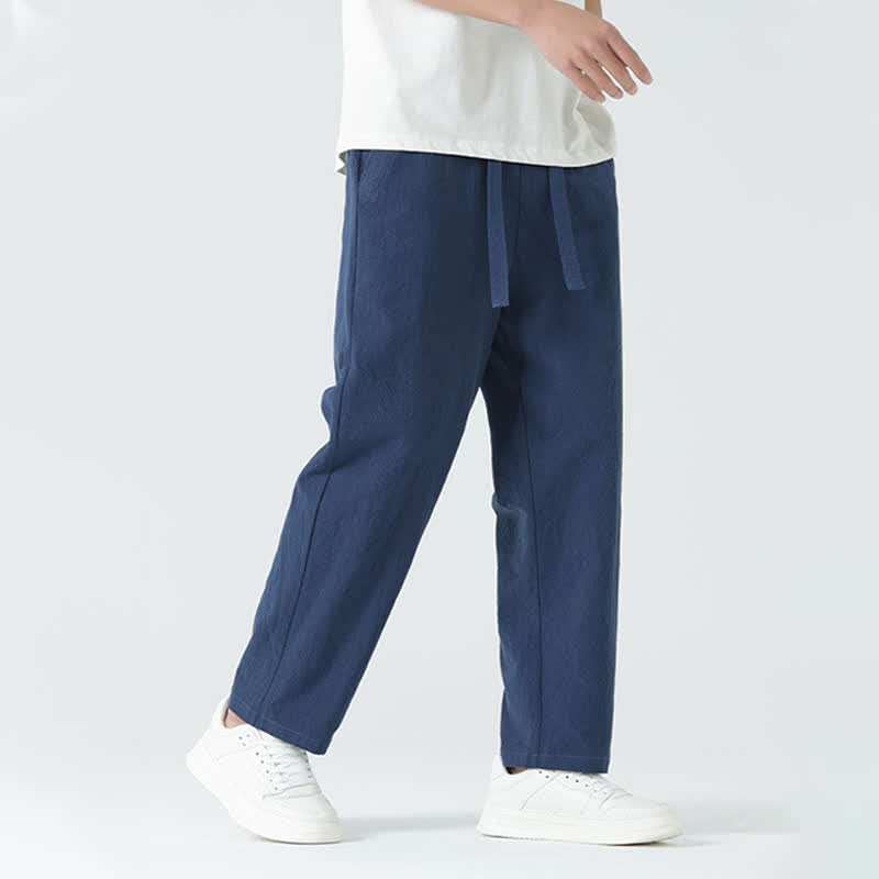 Buddha Stones Summer Cotton Minimalist Elastic Waist Men's Straight Pants With Pockets - image 4