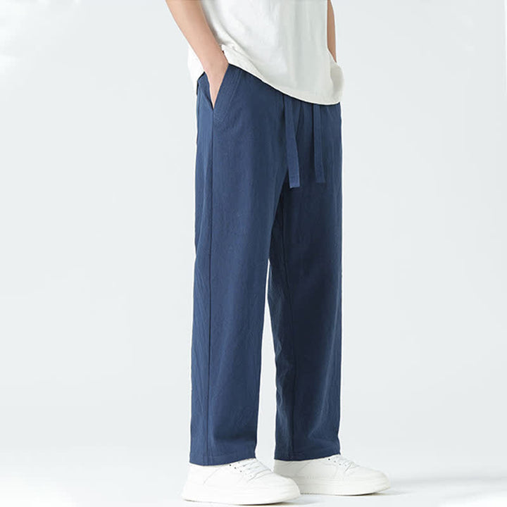 Buddha Stones Summer Cotton Minimalist Elastic Waist Men's Straight Pants With Pockets - image 7