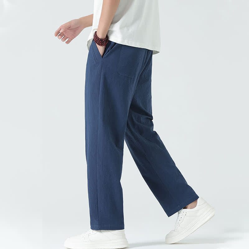 Buddha Stones Summer Cotton Minimalist Elastic Waist Men's Straight Pants With Pockets - image 2