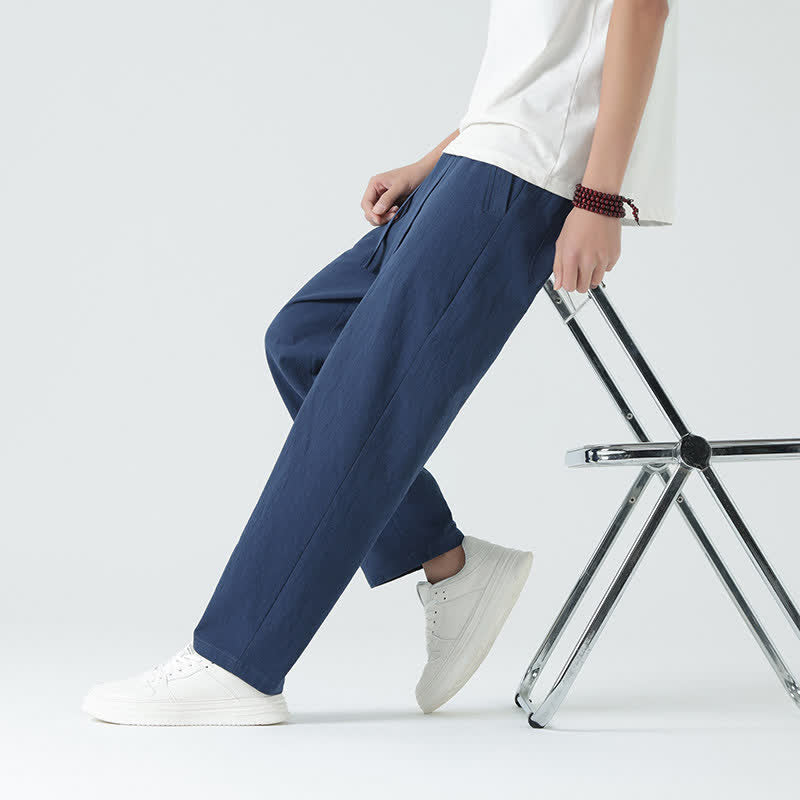 Buddha Stones Summer Cotton Minimalist Elastic Waist Men's Straight Pants With Pockets - image 6