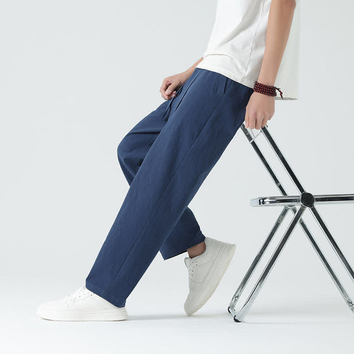 Buddha Stones Summer Cotton Minimalist Elastic Waist Men's Straight Pants With Pockets - image 6