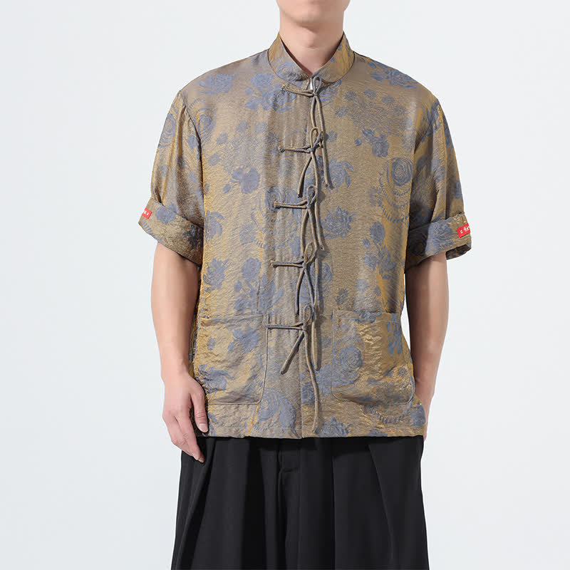 Buddha Stones Summer Tang Style Mandarin Collar Floral Jacquard Men's Short Sleeve Shirt With Pockets - Gray - US/UK/AU46，EU56 (5XL) - image 0
