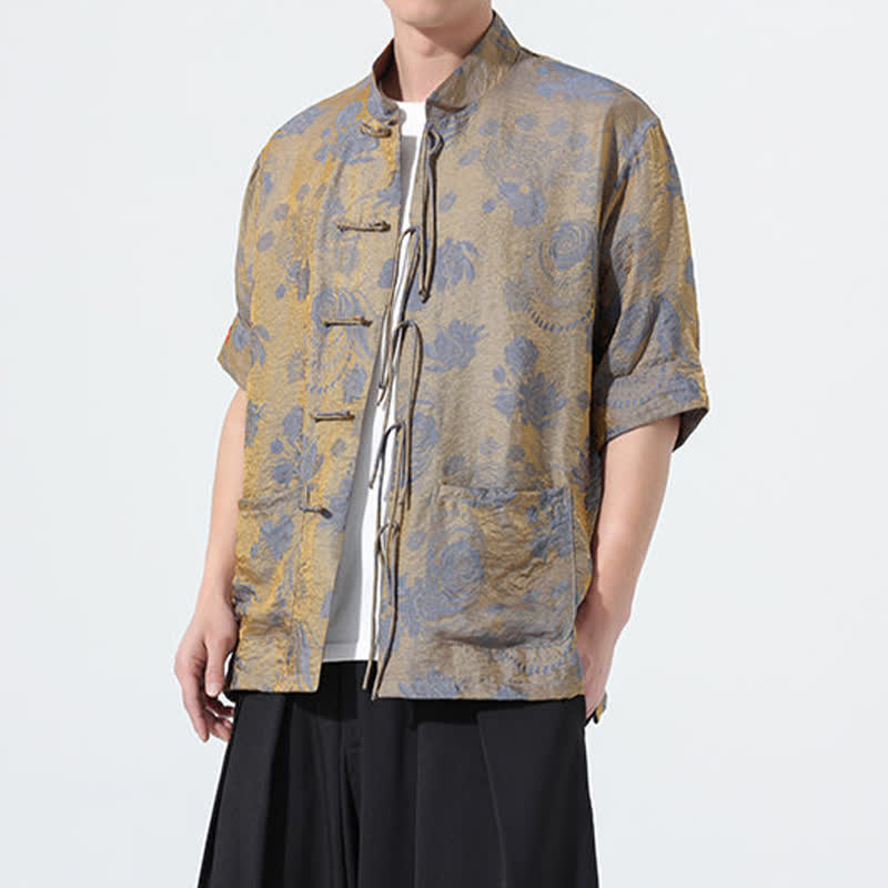 Buddha Stones Summer Tang Style Mandarin Collar Floral Jacquard Men's Short Sleeve Shirt With Pockets - image 2