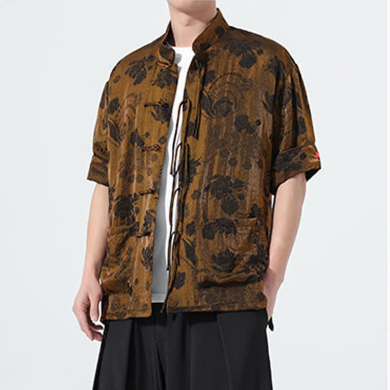 Buddha Stones Summer Tang Style Mandarin Collar Floral Jacquard Men's Short Sleeve Shirt With Pockets - image 26