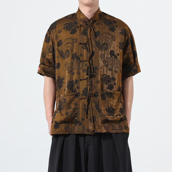 Buddha Stones Summer Tang Style Mandarin Collar Floral Jacquard Men's Short Sleeve Shirt With Pockets - Peru - US/UK/AU46，EU56 (5XL) - image 22
