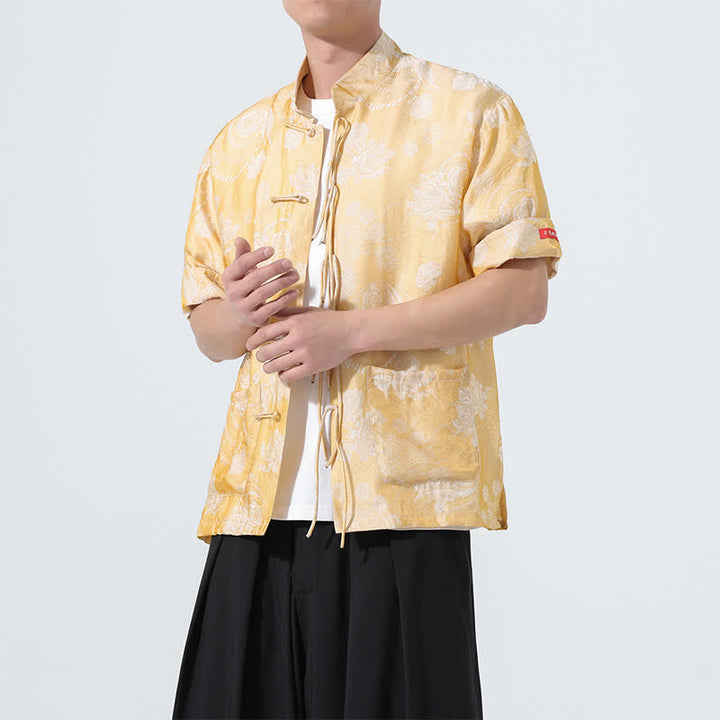 Buddha Stones Summer Tang Style Mandarin Collar Floral Jacquard Men's Short Sleeve Shirt With Pockets - image 19