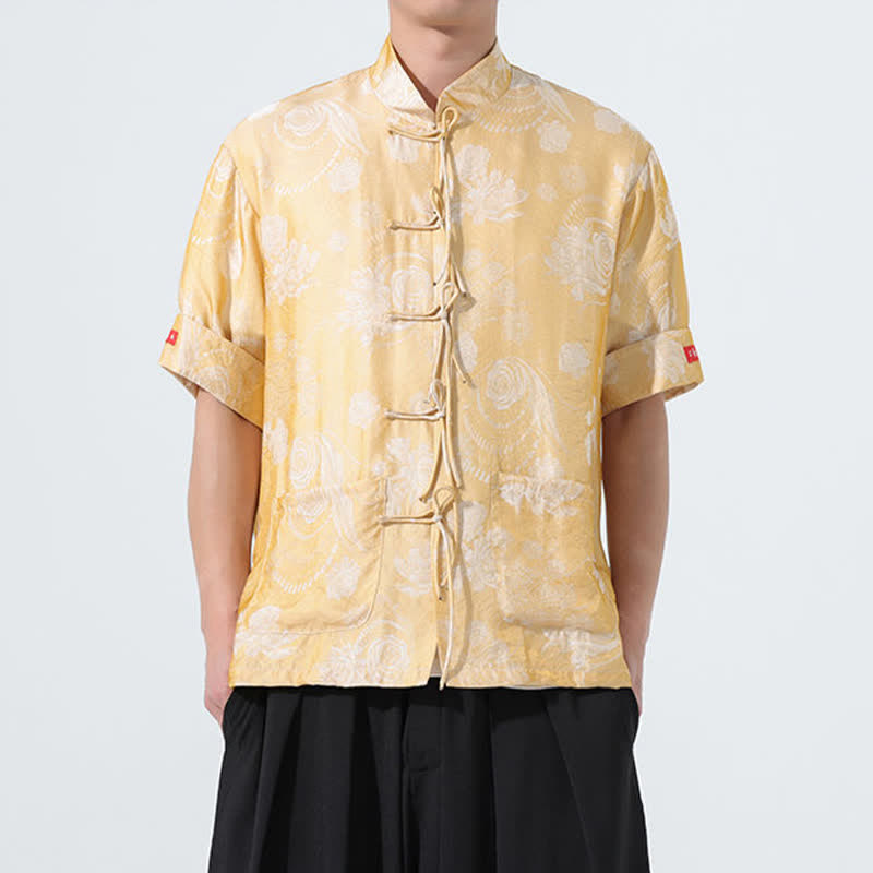 Buddha Stones Summer Tang Style Mandarin Collar Floral Jacquard Men's Short Sleeve Shirt With Pockets - DarkKhaki - US/UK/AU46，EU56 (5XL) - image 13