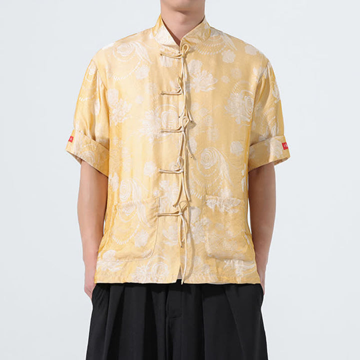 Buddha Stones Summer Tang Style Mandarin Collar Floral Jacquard Men's Short Sleeve Shirt With Pockets - DarkKhaki - US/UK/AU46，EU56 (5XL) - image 13