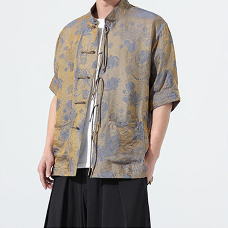 Buddha Stones Summer Tang Style Mandarin Collar Floral Jacquard Men's Short Sleeve Shirt With Pockets - image 7