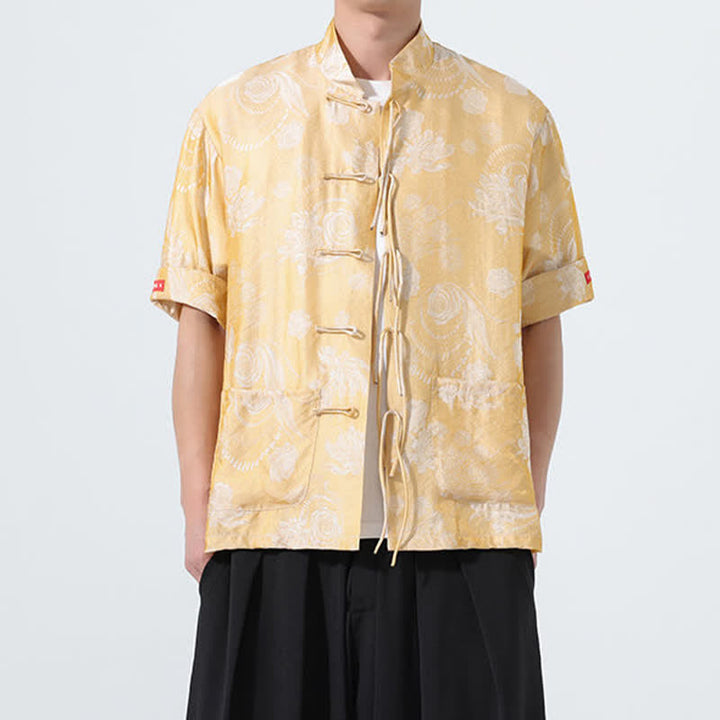 Buddha Stones Summer Tang Style Mandarin Collar Floral Jacquard Men's Short Sleeve Shirt With Pockets - image 14